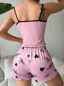 Letter Graphic Contrast Binding PJ Set / Pajama Set - Baby Pink - View 2