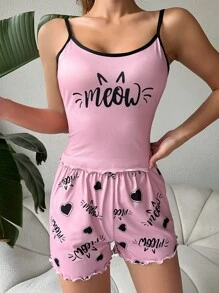 Letter Graphic Contrast Binding PJ Set / Pajama Set - Baby Pink - View 4