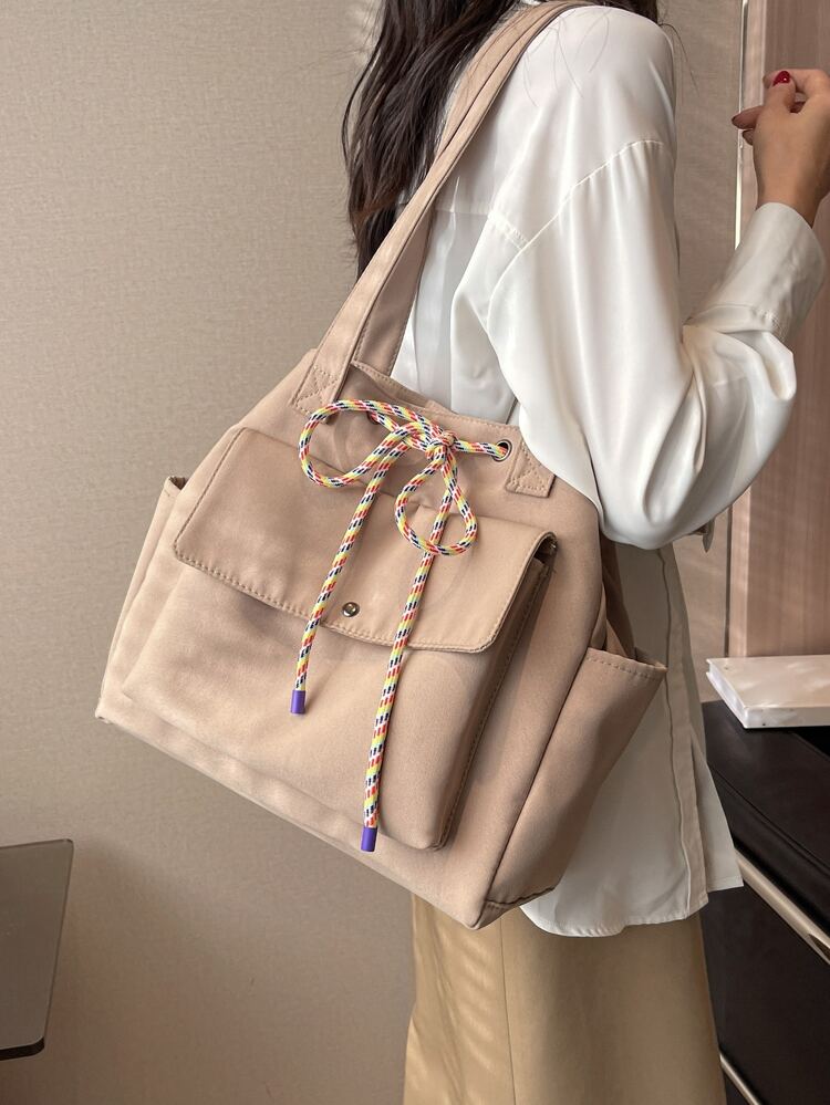 Drawstring Design Pocket Front Shopper Bag School Bag For Graduate, Teen Girls, Freshman, Sophomore, Junior & Senior In College, University & High School, Perfect For Outdoors ,Travel & Back To School