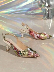 Women Floral Pattern Point Toe Pyramid Heeled Pumps, Fashion Banquet Slingback Pumps