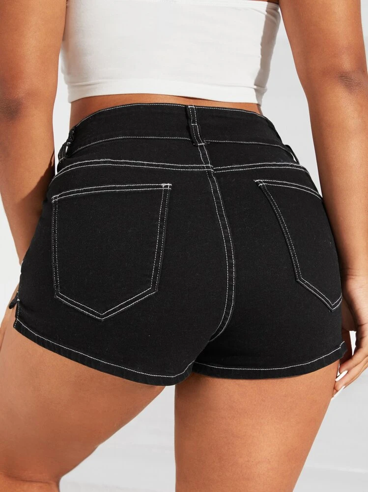 SHEIN EZwear Plus High Waist Top-stitching Denim Shorts - Black - View 2