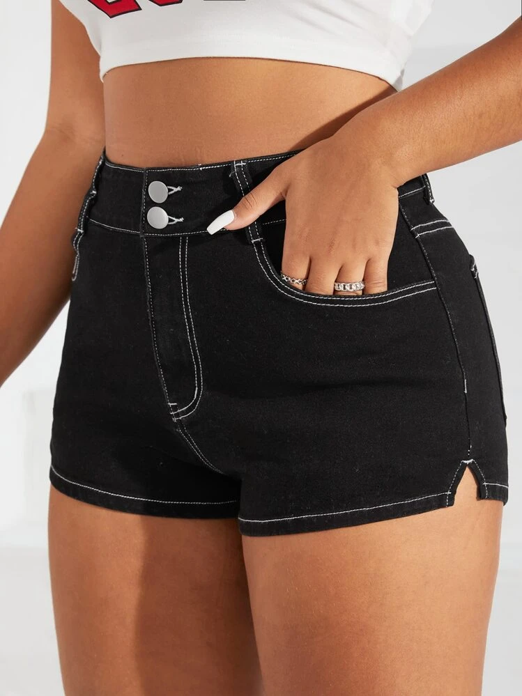 SHEIN EZwear Plus High Waist Top-stitching Denim Shorts - Black - View 3