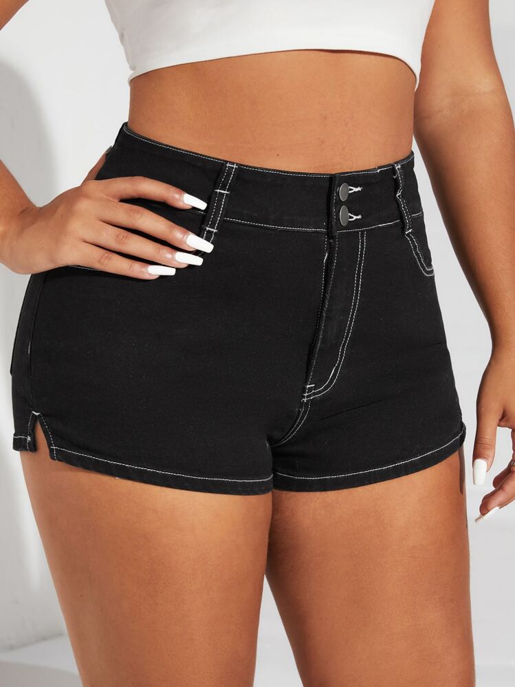 SHEIN EZwear Plus High Waist Top-stitching Denim Shorts - Black - View 4