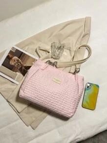 補丁細節鏈條肩帶托特包 - 粉色 - 查看 5