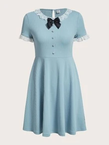 SHEIN Teen Girls Contrast Lace Bow Front Dress - Baby Blue - View 1