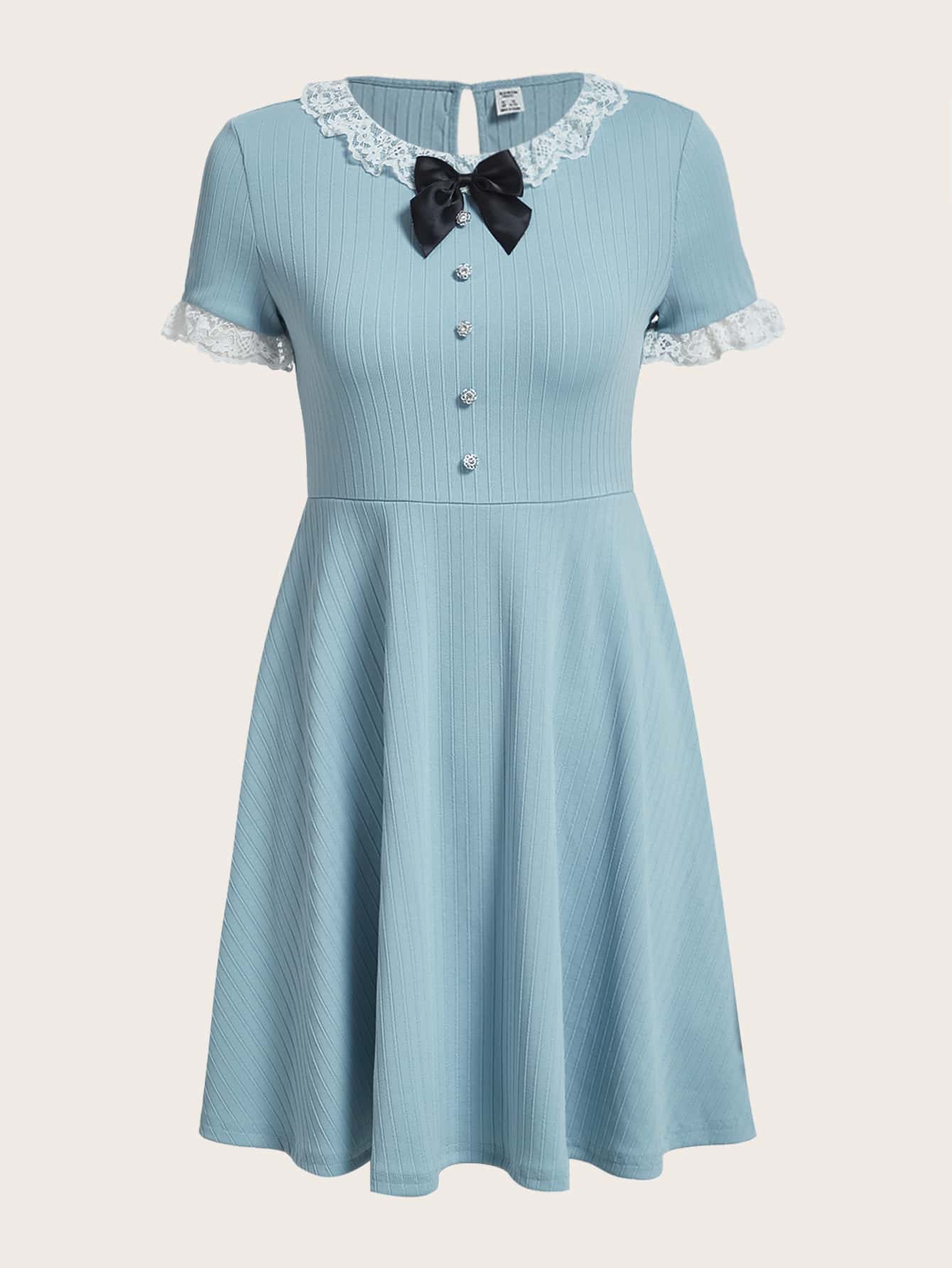 SHEIN Teen Girls Contrast Lace Bow Front Dress - Baby Blue - View 1