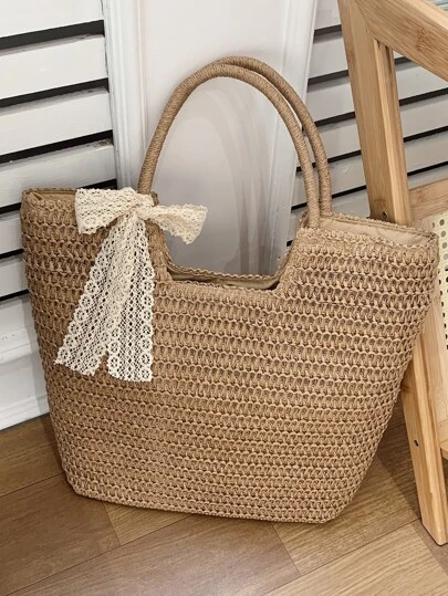 1 pieza Bolso de playa de paja tejida, bolso grande de capacidad de mano tejida, unicolor, ideal como bolso de mujer para vacaciones de verano, bolso escolar, gran capacidad, casual clásico, para adolescentes, mujeres, estudiantes universitarias, trabajadoras de oficina, perfecto para trabajo, escuela secundaria, universidad, vacaciones, playa, llamativo bolso de playa de verano, bolso de playa de paja de verano para mujer, bolso de vacaciones de moda de verano, bolsos esenciales de playa para mujeres para vacaciones y días festivos, esenciales de vacaciones, perfecto para verano, vacaciones y playa