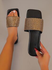 女士水鑽裝飾平底魅力四射金色涼拖 - 金色 - 查看 1