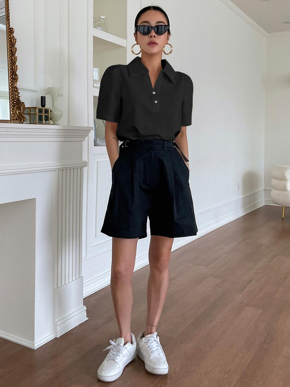 Solid Rib Knit Puff Sleeve Tee,Business Casual Women