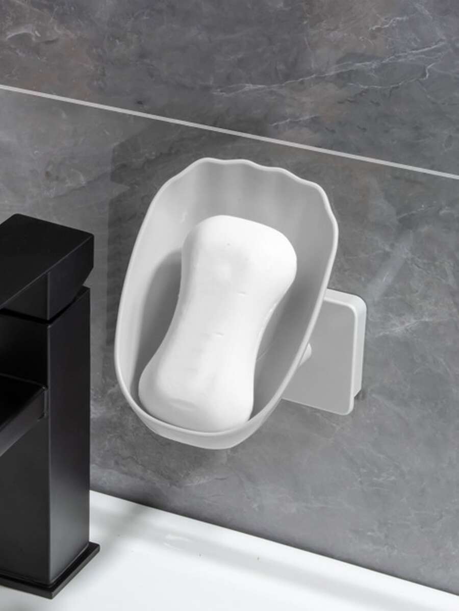 1pc Plastic Soap Dish Holder, Punch-free Wall Mounted Soap Dish For Bathroom - Grey - View 1