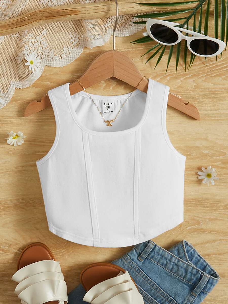 Tween Girls' Elegant Solid Color Sleeveless Tank Top With Big U-Shaped Press Pleat And Curved Hem For Summer - White - View 1