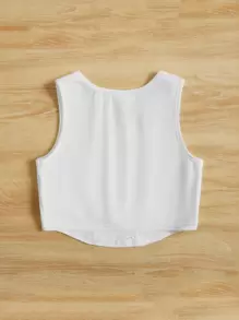 Tween Girls' Elegant Solid Color Sleeveless Tank Top With Big U-Shaped Press Pleat And Curved Hem For Summer - White - View 2