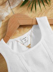 Tween Girls' Elegant Solid Color Sleeveless Tank Top With Big U-Shaped Press Pleat And Curved Hem For Summer - White - View 3