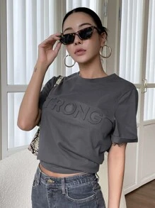 DAZY Đồ họa Chữ cái Áo thun - Màu xám đen - Xem 3