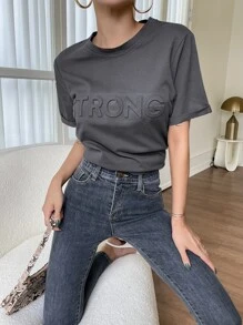 DAZY Đồ họa Chữ cái Áo thun - Màu xám đen - Xem 5