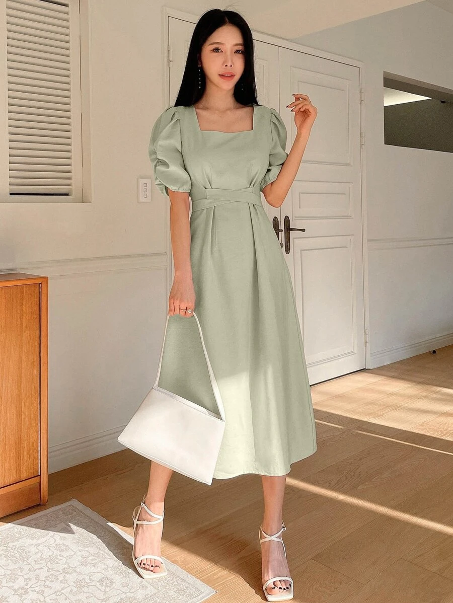 DAZY Square Neck Puff Sleeve Dress Sundress - Green - View 1