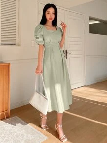 DAZY Square Neck Puff Sleeve Dress Sundress - Green - View 2