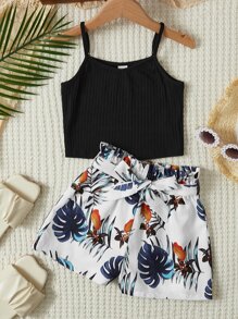 SHEIN 少女羅紋針織背心上衣和熱帶印花紙袋腰帶短褲