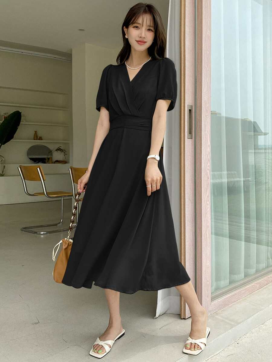 DAZY Surplice Neck Puff Sleeve Dress - Black - View 1