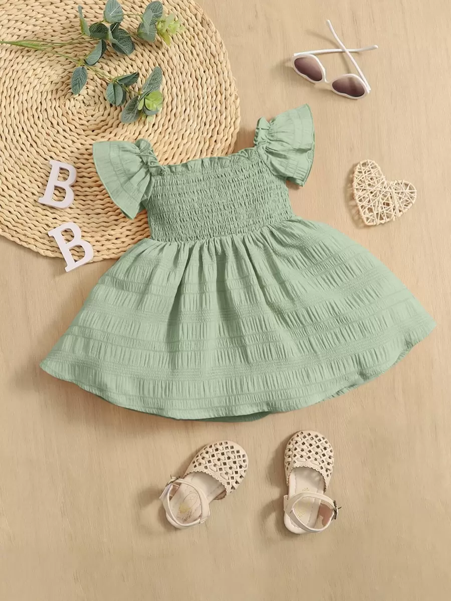 SHEIN Đầm tay cánh bướm cho bé gái, kiểu dáng thoải mái, dễ thương, ngọt ngào, phù hợp cho mùa hè. - Màu xanh Bạc hà - Xem 1