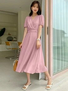 DAZY Surplice Neck Puff Sleeve Dress - Pink - View 1