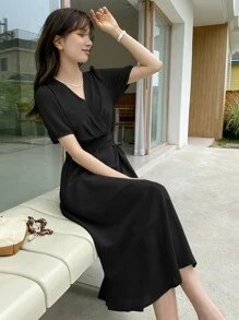 DAZY Surplice Neck Puff Sleeve Dress - Black - View 2