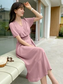 DAZY Surplice Neck Puff Sleeve Dress - Pink - View 2
