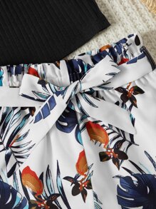 SHEIN 少女羅紋針織背心上衣和熱帶印花紙袋腰帶短褲