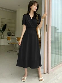 DAZY Surplice Neck Puff Sleeve Dress - Black - View 3