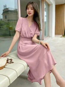 DAZY Surplice Neck Puff Sleeve Dress - Pink - View 4