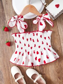 SHEIN 女孩愛心圖案肩上打結荷葉邊打褶寬背帶上衣 - 白色 - 查看 1