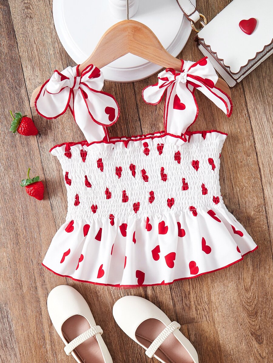 SHEIN 女孩愛心圖案肩上打結荷葉邊打褶寬背帶上衣 - 白色 - 查看 1