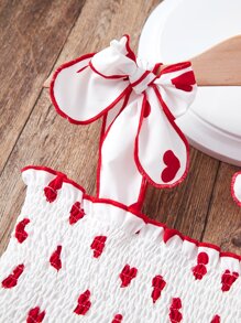 SHEIN 女孩愛心圖案肩上打結荷葉邊打褶寬背帶上衣 - 白色 - 查看 4