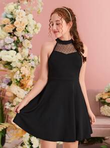 Pitira Pitira Teen Girls Dobby Mesh Insert Halter Neck Dress - Black - View 2
