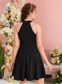 Pitira Pitira Teen Girls Dobby Mesh Insert Halter Neck Dress - Black - View 3