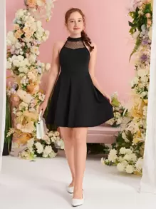 Pitira Pitira Teen Girls Dobby Mesh Insert Halter Neck Dress - Black - View 5