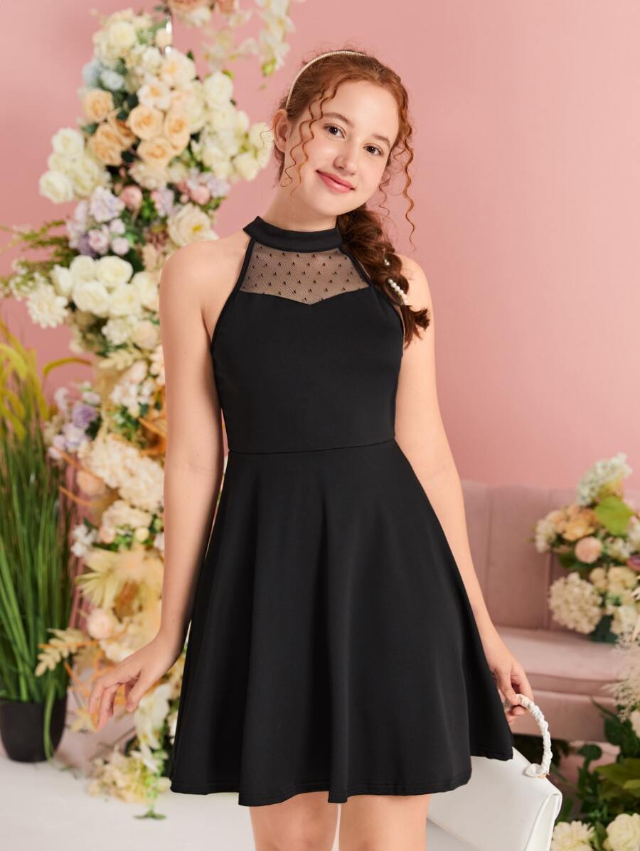Pitira Pitira Teen Girls Dobby Mesh Insert Halter Neck Dress - Black - View 1