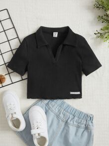 SHEIN 女孩字母補丁細節條紋針織T恤 - 黑色 - 查看 1