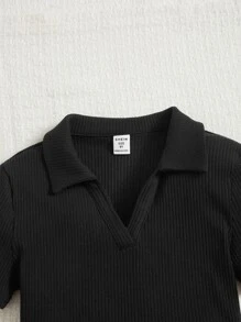 SHEIN 女孩字母補丁細節條紋針織T恤 - 黑色 - 查看 3