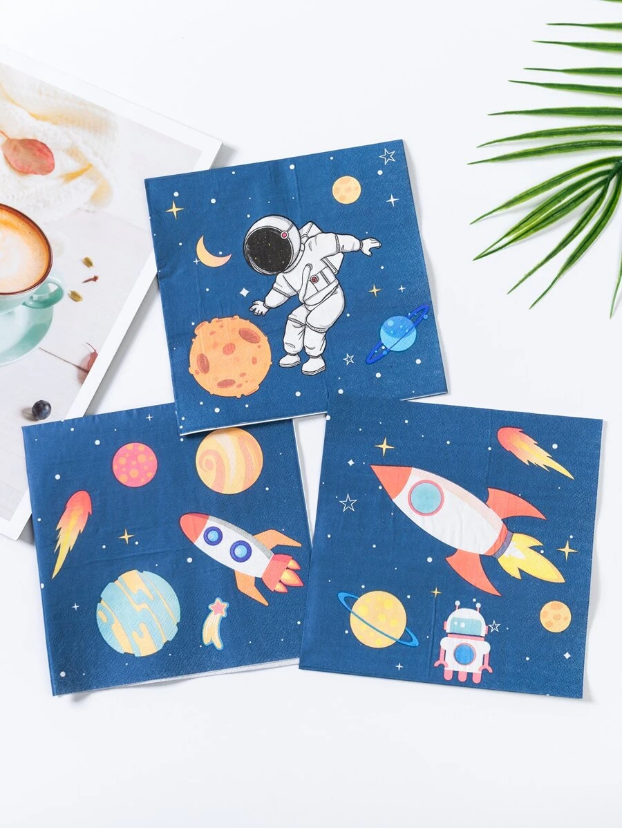 20pcs/Set Paper Disposable Napkin, Rocket & Astronaut Pattern Paper Dinner Napkin For Party,Christmas
