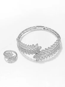 1 Set 18K Gold Plated Floral Bangle & Ring Set, 1 Bangle 1 Ring For Women - Silver - View 2