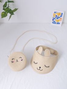 女孩卡通圖案草編包帶草編帽