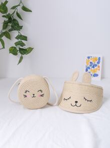 女孩卡通圖案草編包帶草編帽