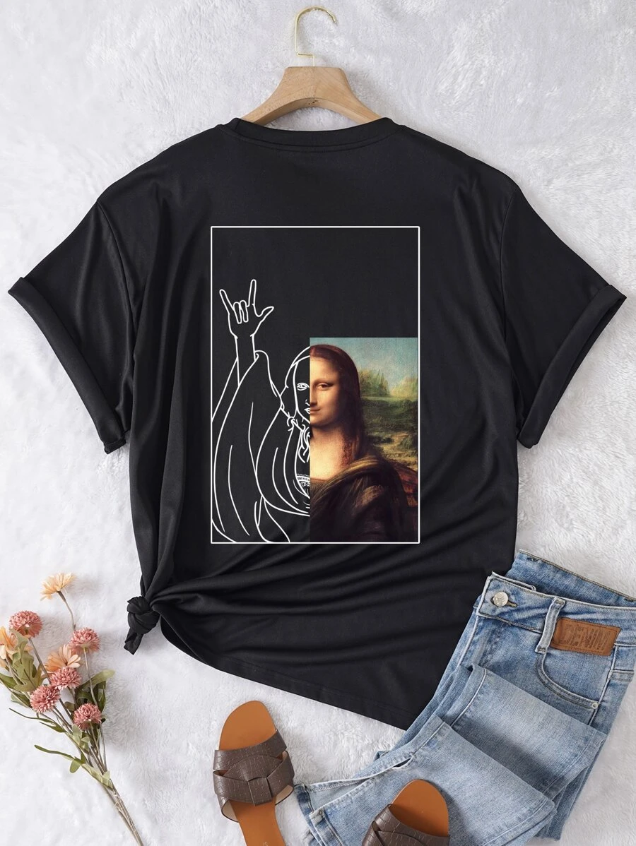 SHEIN LUNE Plus Mona Lisa Print Tee - Black - View 1