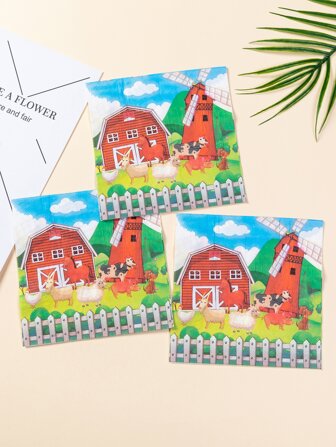 20pcs/set Paper Dinner Napkin, Cartoon Farm Pattern Disposable Napkin For Party