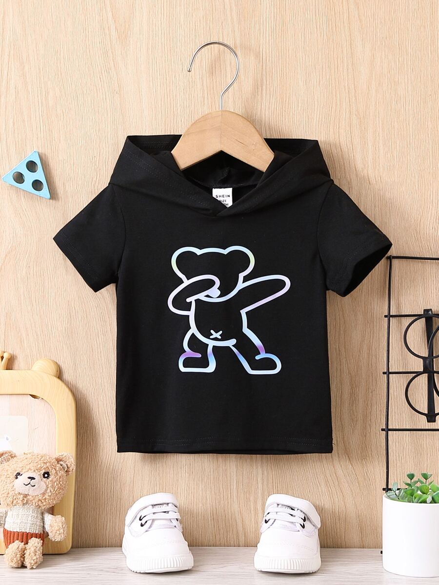 Baby Bear Print Hooded Tee - Black - View 1