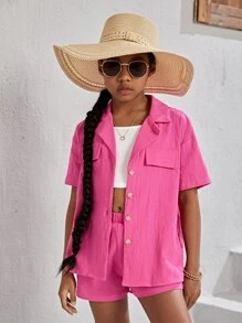 SHEIN Leap Crew Áo trễ vai cổ ve áo cho bé gái & quần soóc với cami - Hồng - Xem 6