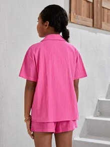 SHEIN Leap Crew Áo trễ vai cổ ve áo cho bé gái & quần soóc với cami - Hồng - Xem 2