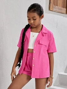 SHEIN Leap Crew Áo trễ vai cổ ve áo cho bé gái & quần soóc với cami - Hồng - Xem 3