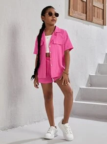 SHEIN Leap Crew Áo trễ vai cổ ve áo cho bé gái & quần soóc với cami - Hồng - Xem 4